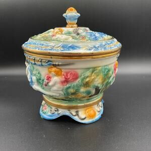 Vintage Norleans Capodimonte Style 8" Lidded Cherub Bowl Made in Italy